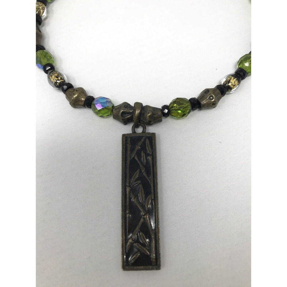 CHICO'S Pendant Necklace Asian Style Bamboo Black Dark Bronze Blue Green Beads